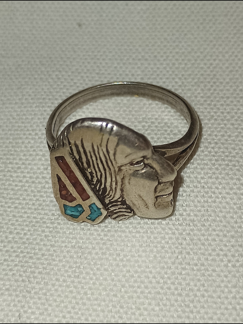 Sterling Silver Native American Head Ring with Red and Turquoise Inlay Size 9